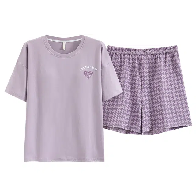 睦隆世家 自带胸垫圆领可爱卡通纯棉短袖可外穿睡衣套装 女款