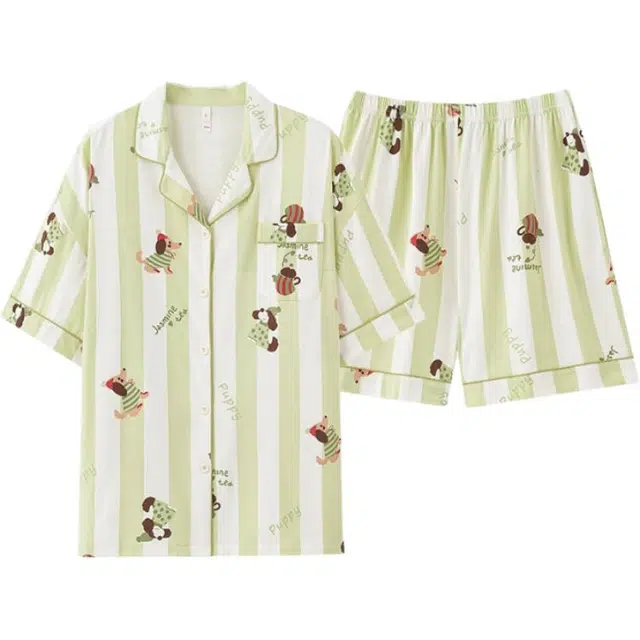 怡吾色 小狗印花条纹短袖短裤家居服清新可外穿睡衣套装 女款