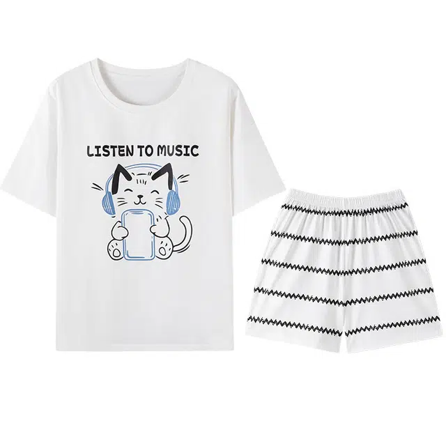 向薇 小猫字母圆领上衣条纹吸湿排汗三分裤睡衣套装 女款