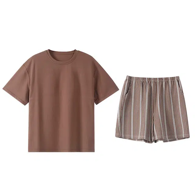 顶瓜瓜 带胸垫纯棉套头短袖短裤舒适休闲纯色条纹家居服夏季睡衣套装 女款