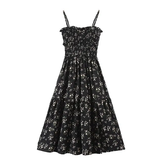 玫丝朵 设计感碎花合身收腰长款吊带连衣裙 女款