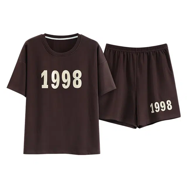 睦隆世家 带胸垫家居服可外穿韩版圆领短袖短裤格子潮流卡通宽松可爱睡衣套装 女款