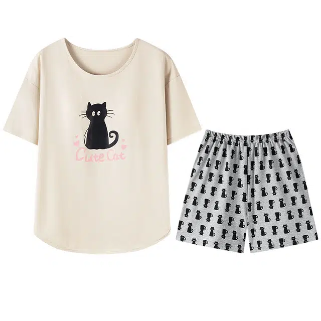 向薇 卡通小猫图案短袖短裤休闲睡衣套装 女款