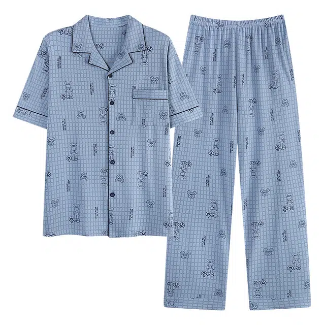 睦隆世家 纯棉开衫短袖长裤简约大码家居服睡衣套装 男款