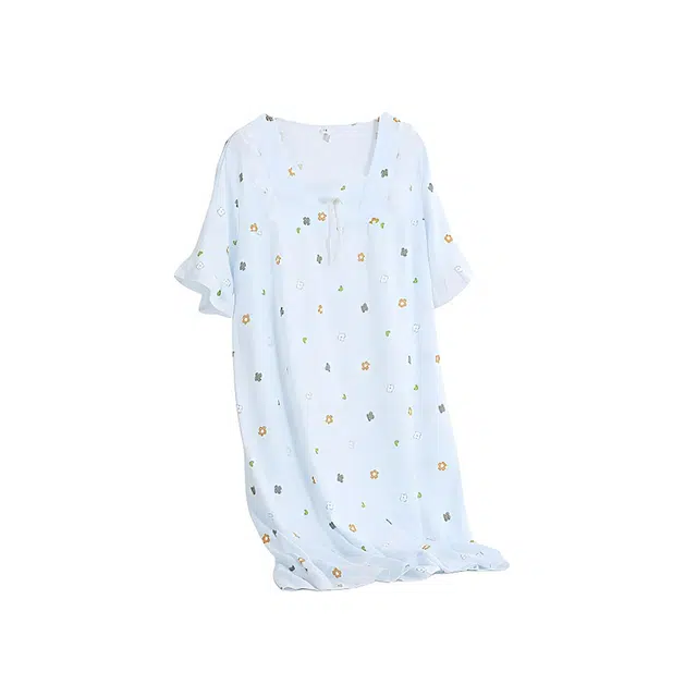 缪斯的诱惑 蕾丝方领中长款遮肉显瘦大码舒适甜美休闲短袖睡裙 女款