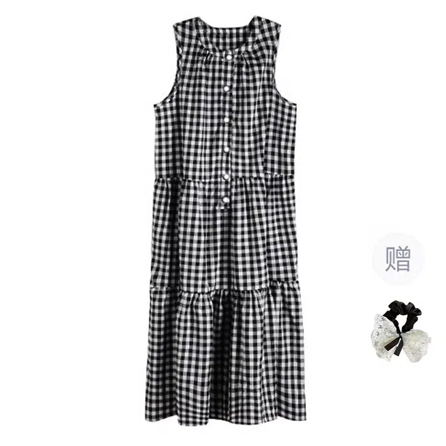 涂诗菲 韩系慵懒风复古圆领格子休闲百搭设计感宽松无袖连衣裙 女款