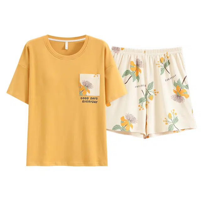 睦隆世家 短袖自带胸垫纯棉圆领可爱卡通可外穿睡衣套装 女款