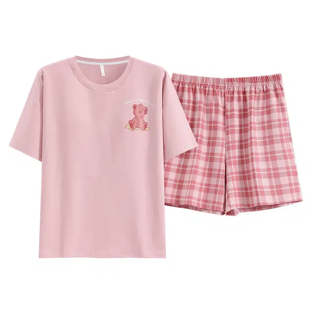 睦隆世家 自带胸垫圆领可爱卡通可外穿纯棉短袖短裤宽松睡衣套装 女款