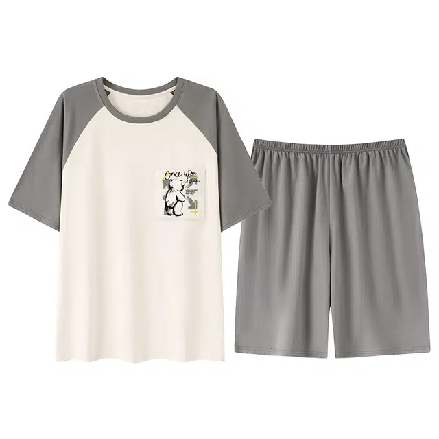 夏芬妍 亲肤舒适小熊贴袋纯棉圆领家居服柔软休闲短袖短裤时尚可外穿睡衣套装 男款 杏色