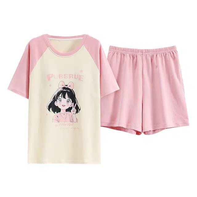 睦隆世家 短袖短裤带胸垫韩版家居服可外穿潮流卡通宽松可爱睡衣套装 女款