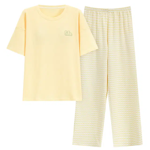 睦隆世家 带胸垫短袖长裤薄款条纹可外穿纯棉家居服夏季睡衣套装 女款