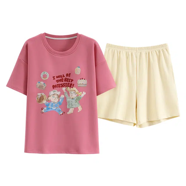 睦隆世家 卡通字母宽松可爱短袖纯色短裤带胸垫圆领可外穿睡衣套装 女款