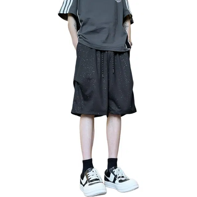 复古满天星褶皱宽松百搭时尚高街薄款透气垂感美式潮流简约级设计纯色阔腿系带紧腰凉感休闲短裤 男女同款