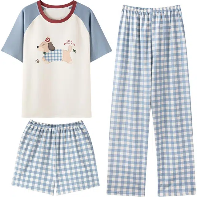 夏芬妍 亲肤舒适格子戴帽小狗纯棉圆领带胸垫家居服柔软休闲短袖三件套时尚可外穿睡衣套装 女款 蓝色