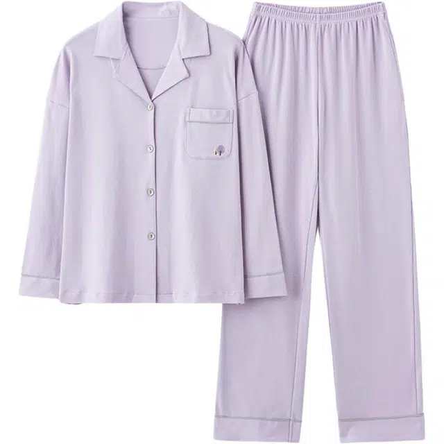 睦隆世家 纯色纯棉长袖家居服可外穿春秋款睡衣套装 女款