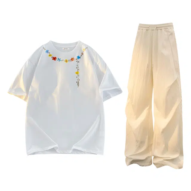 稻草人 学院风复古植物花卉设计宽松百搭落肩纯棉透气短袖上衣直筒中腰垂顺阔腿系带褶皱长裤休闲运动套装 男女同款