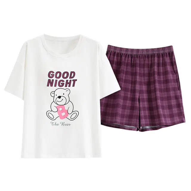 睦隆世家 卡通可爱带胸垫短袖三分裤格子家居服可外穿潮流韩版纯棉圆领夏季睡衣套装 女款