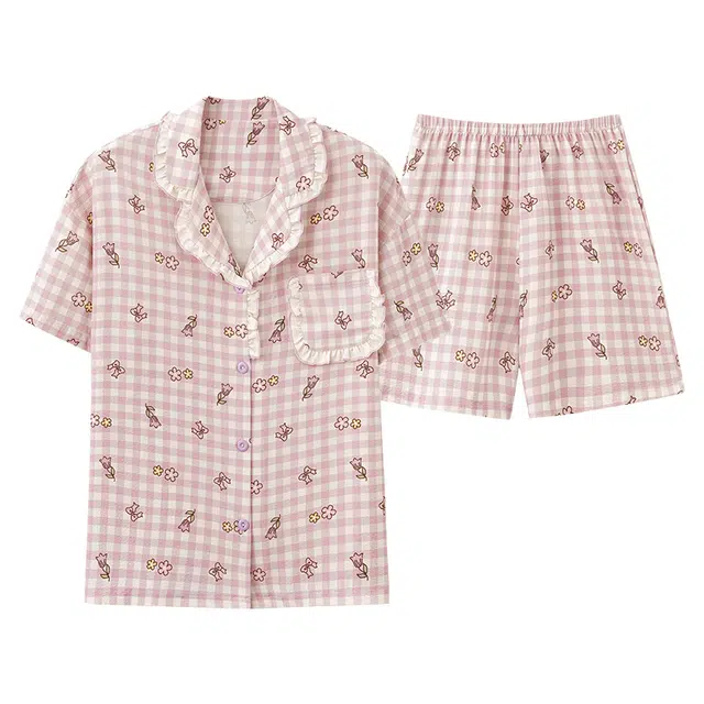 俏佳人 柔软公主风亲肤休闲开衫慵懒宽松短袖短裤家居服睡衣套装 女款