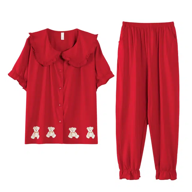 顶瓜瓜 小熊图案花边翻领简约时尚可外穿家居服睡衣套装 女款