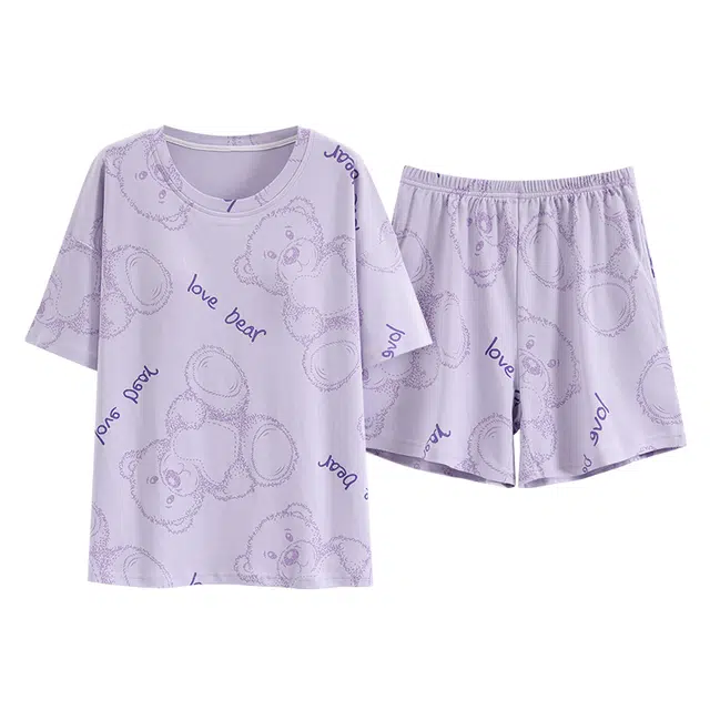 睦隆世家 纯棉圆领短袖三分裤家居服可外穿潮流卡通可爱带胸垫韩版夏季睡衣套装 女款