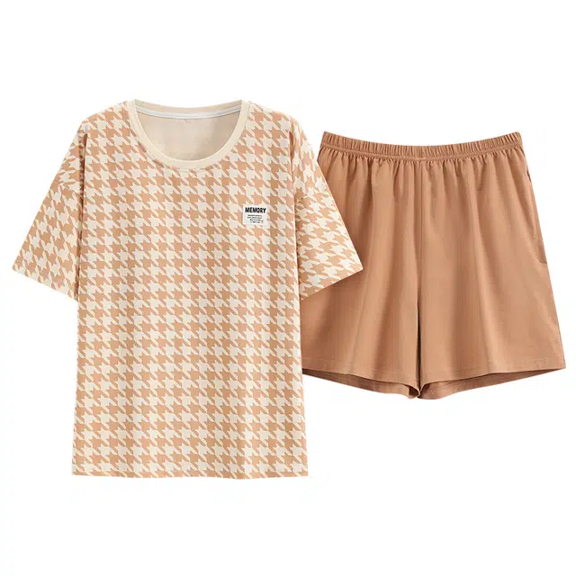 睦隆世家 纯棉圆领短袖自带胸垫可爱卡通可外穿睡衣套装 女款