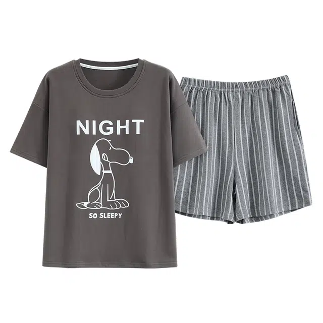 睦隆世家 圆领可爱卡通自带胸垫纯棉短袖可外穿睡衣套装 女款