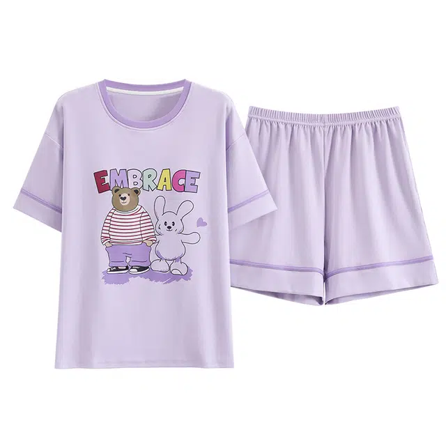 睦隆世家 卡通小熊兔子字母圆领带胸垫透气三分裤短袖睡衣套装 女款