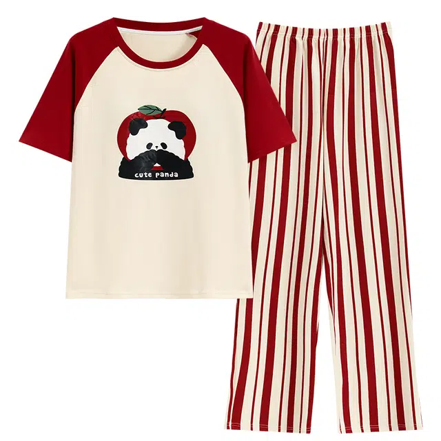 睦隆世家 薄款条纹全棉家居服可外穿带胸垫夏款纯棉短袖长裤睡衣套装 女款