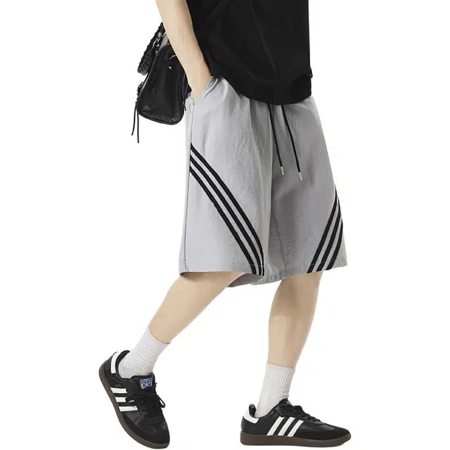 单爵 垂感高级感美式条纹运动五分休闲短裤 男女同款