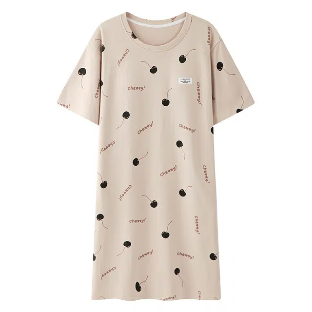 俏韵 圆领简约印花短袖薄款舒适休闲家居服可外穿夏季睡裙 女款