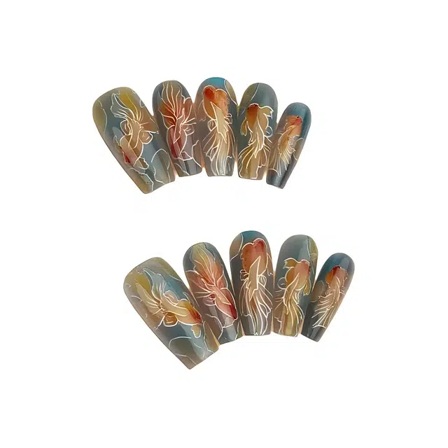 计轩 如鱼得水小众方形小金鱼国风  穿戴甲 长款蓝色晕染 新中式