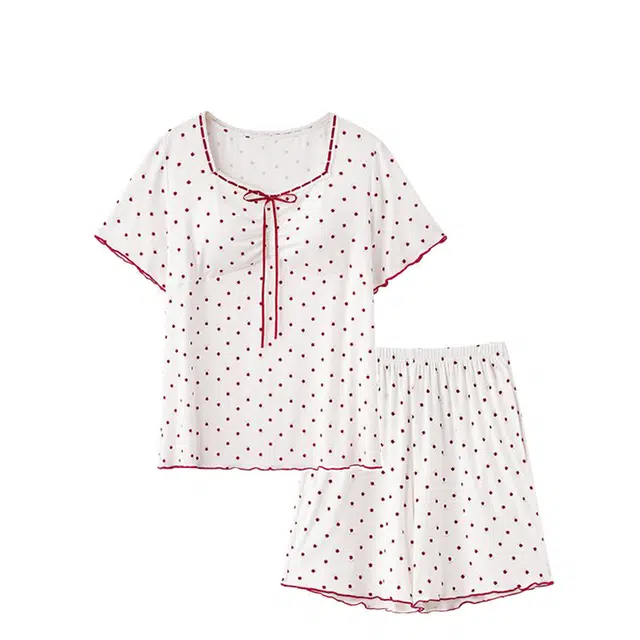 俏韵 方领带胸垫短袖上衣家居服可外穿三分裤夏季睡衣套装 女款