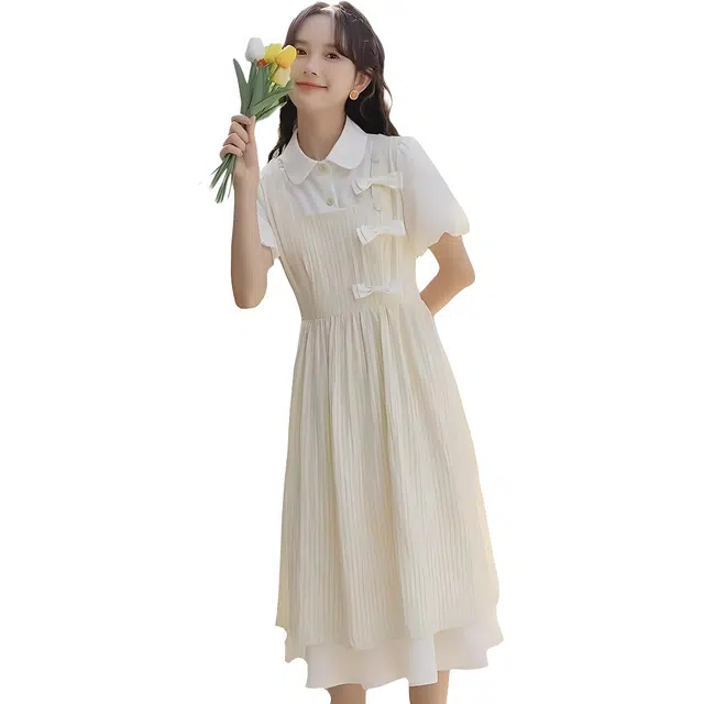 哒头下雨不愁 法式森系假两件学院风小个子甜美少女长裙子短袖连衣裙 女款