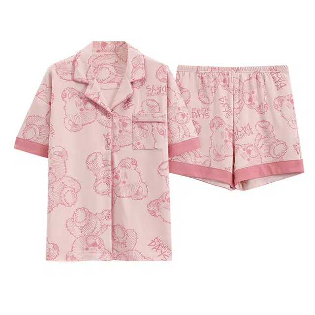 睦隆世家 带胸垫纯棉可外穿家居服短袖睡衣套装 女款