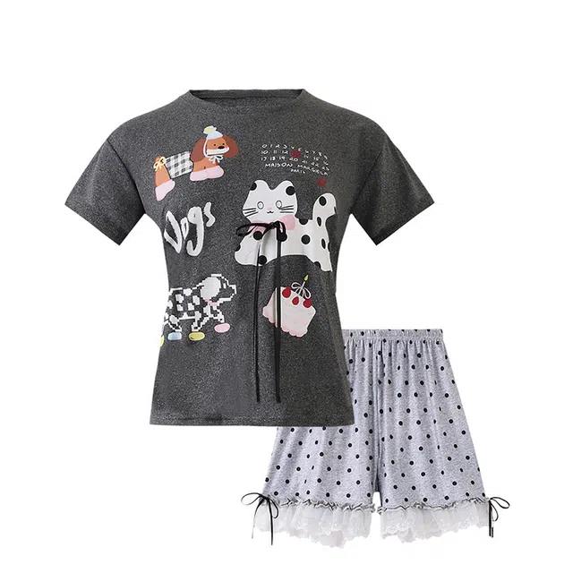 俏韵 圆领卡通柔软透气短袖短裤可爱休闲松弛感家居服可外穿夏季睡衣套装 女款