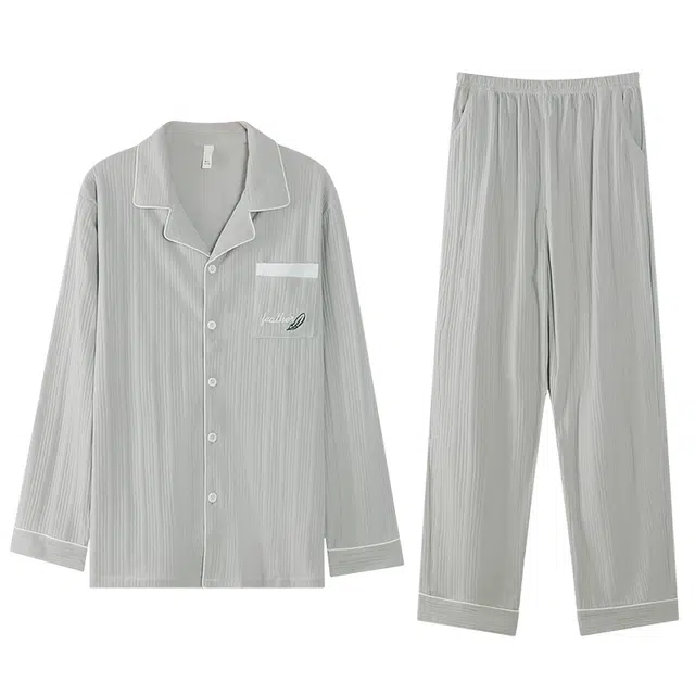 顶瓜瓜 纯棉翻领开衫纯色两件套家居服长袖长裤睡衣套装 男款
