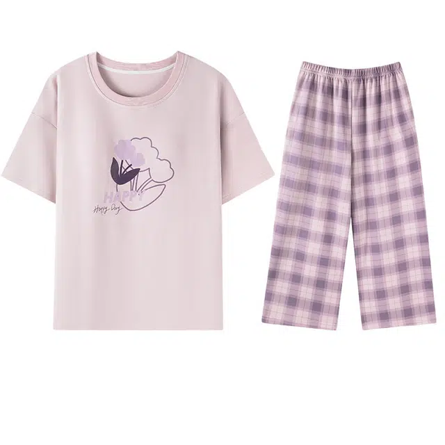 向薇 圆领套头印花圆领套头短袖格纹七分裤可外穿睡衣套装 女款