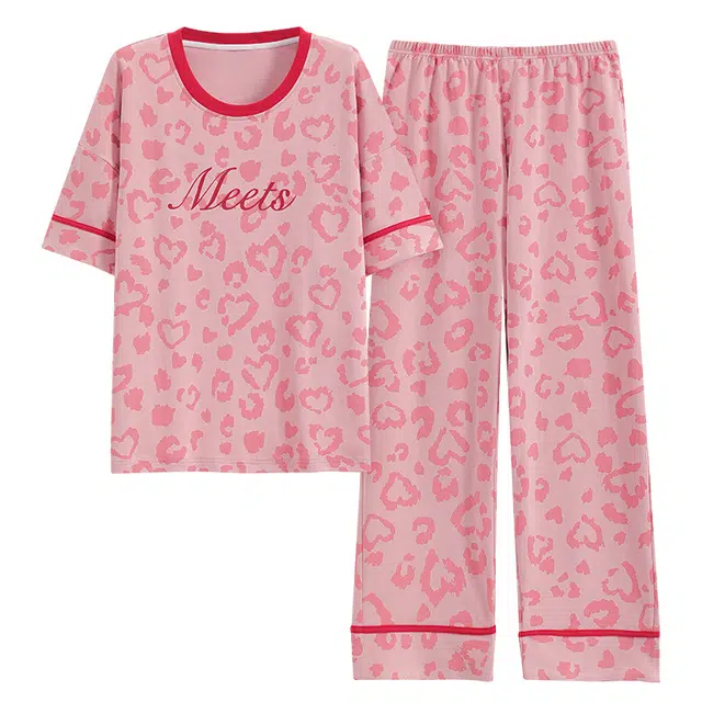睦隆世家 纯棉带胸垫家居服出勤短袖长裤夏季睡衣套装 女款