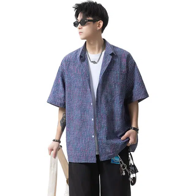 单爵 日系复古格纹小众设计感休闲防晒外套夏季短袖衬衫 男女同款