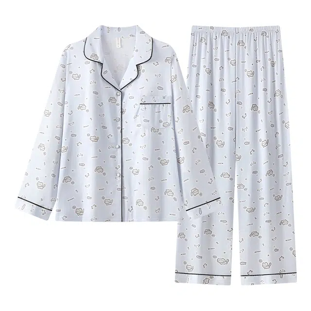 顶瓜瓜 小猫满印图案简约时尚可外穿家居服长袖长裤睡衣套装 女款