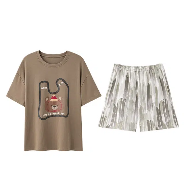 潞优野 家居服纯棉短袖三分裤时尚印花可外穿夏季睡衣套装 女款