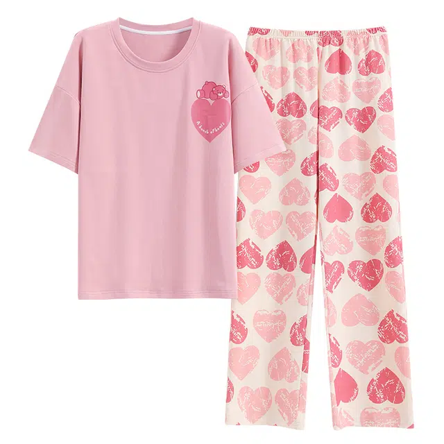 睦隆世家 短袖长裤家居服出勤纯棉带胸垫夏季睡衣套装 女款