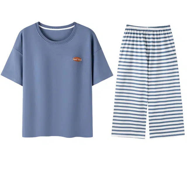 向薇 条纹休闲卡通大码家居服短袖七分睡衣套装 女款