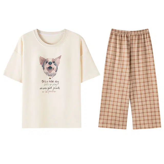 向薇 舒适卡通圆领短袖上衣格子家居服七分裤睡衣套装 女款