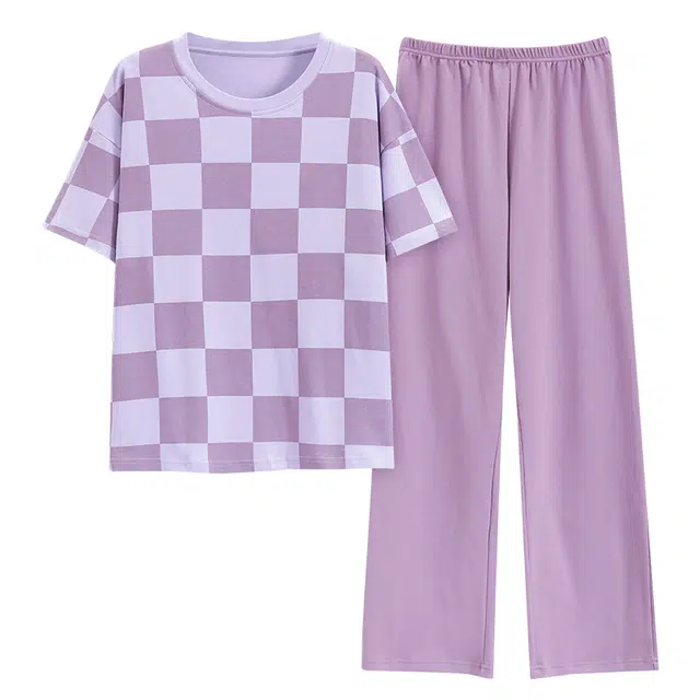 睦隆世家 纯棉长裤家居服带胸垫出勤短袖可外穿夏季睡衣套装 女款