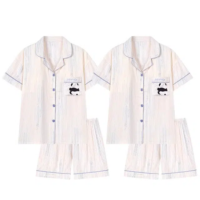 俏韵 翻领卡通熊猫短袖短裤凉感舒适大码家居服可外穿睡衣套装 男女同款