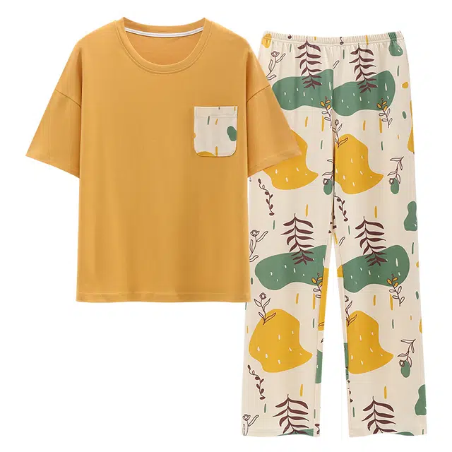 睦隆世家 出勤短袖长裤薄款纯棉带胸垫家居服夏季睡衣套装 女款