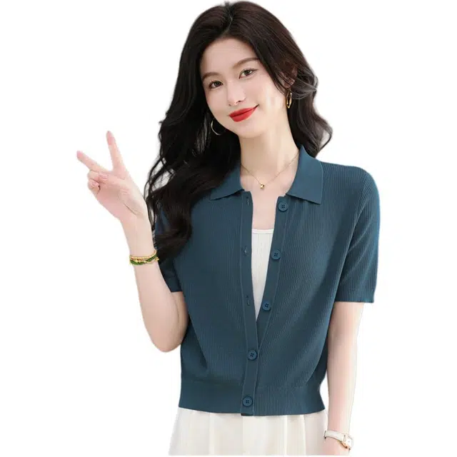 恒源祥 通勤气质百搭翻领高级感纯色短袖针织衫 女款