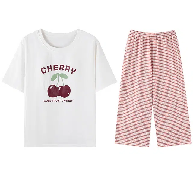 向薇 七分裤可外穿舒适字母圆领套头短袖睡衣套装 女款