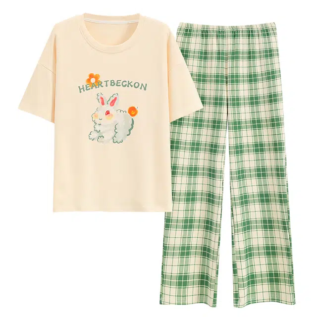 睦隆世家 纯棉短袖长裤家居服带胸垫出勤夏季睡衣套装 女款